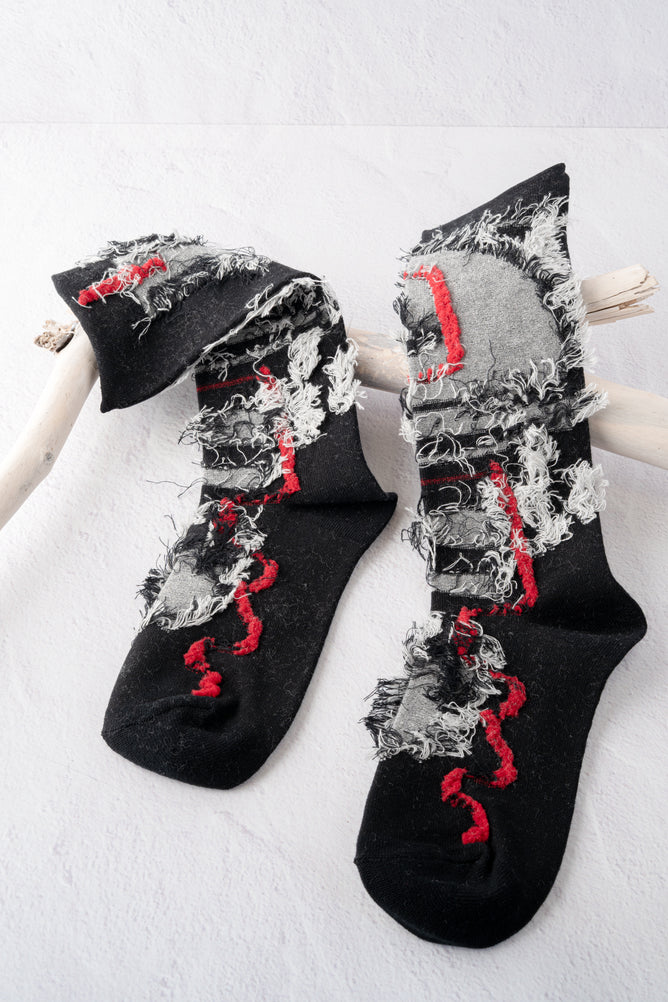 Moyuru Fringe Detail Socks, Black and Red 