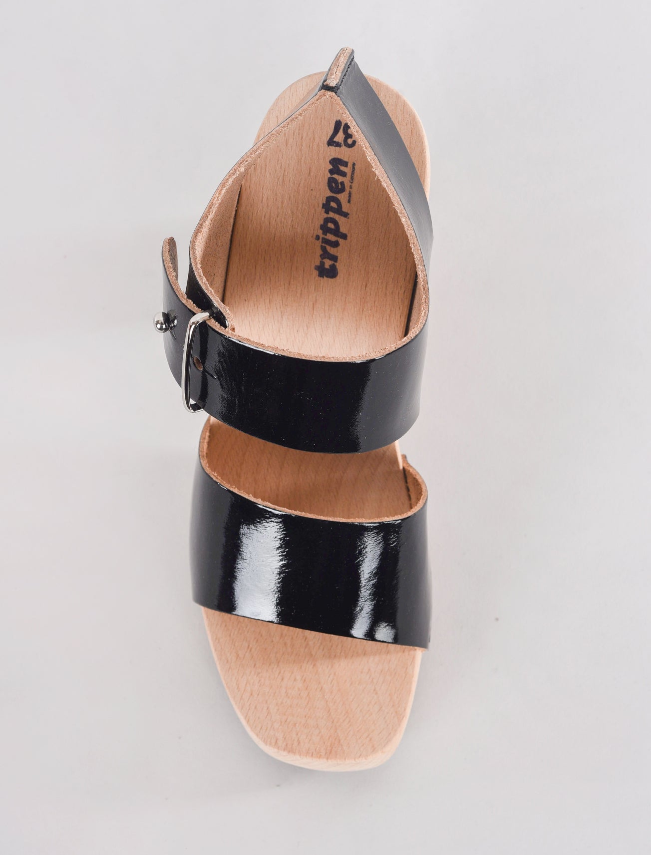 Trippen Shoes Hoppla Wood Sandal, Black Patent 