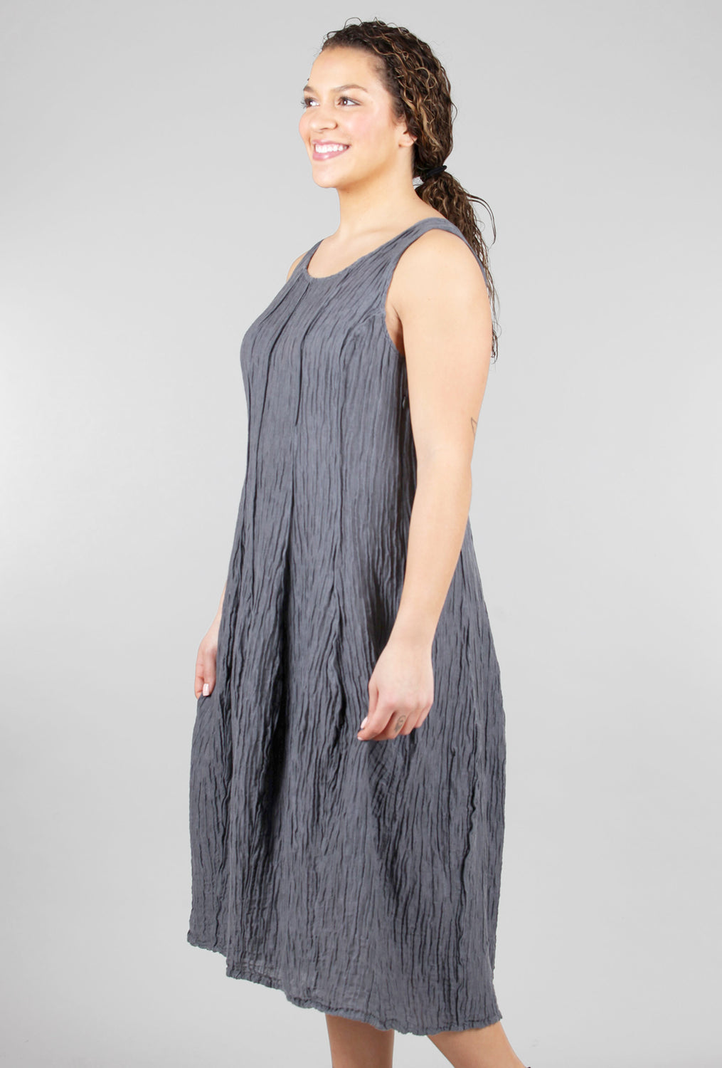 Grizas Silk-Linen Crinkle Tank Dress, Slate 