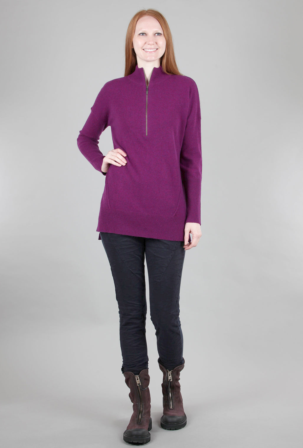 Kinross Cashmere Cashmere Zip Mock Tunic, Black Cherry 