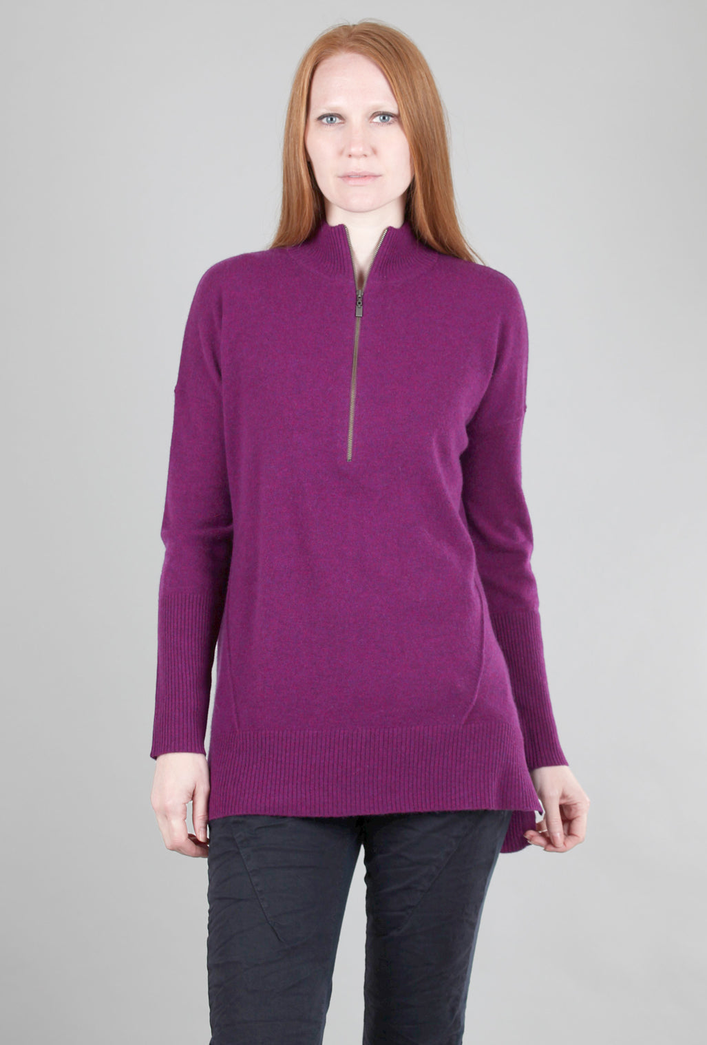 Kinross Cashmere Cashmere Zip Mock Tunic, Black Cherry 