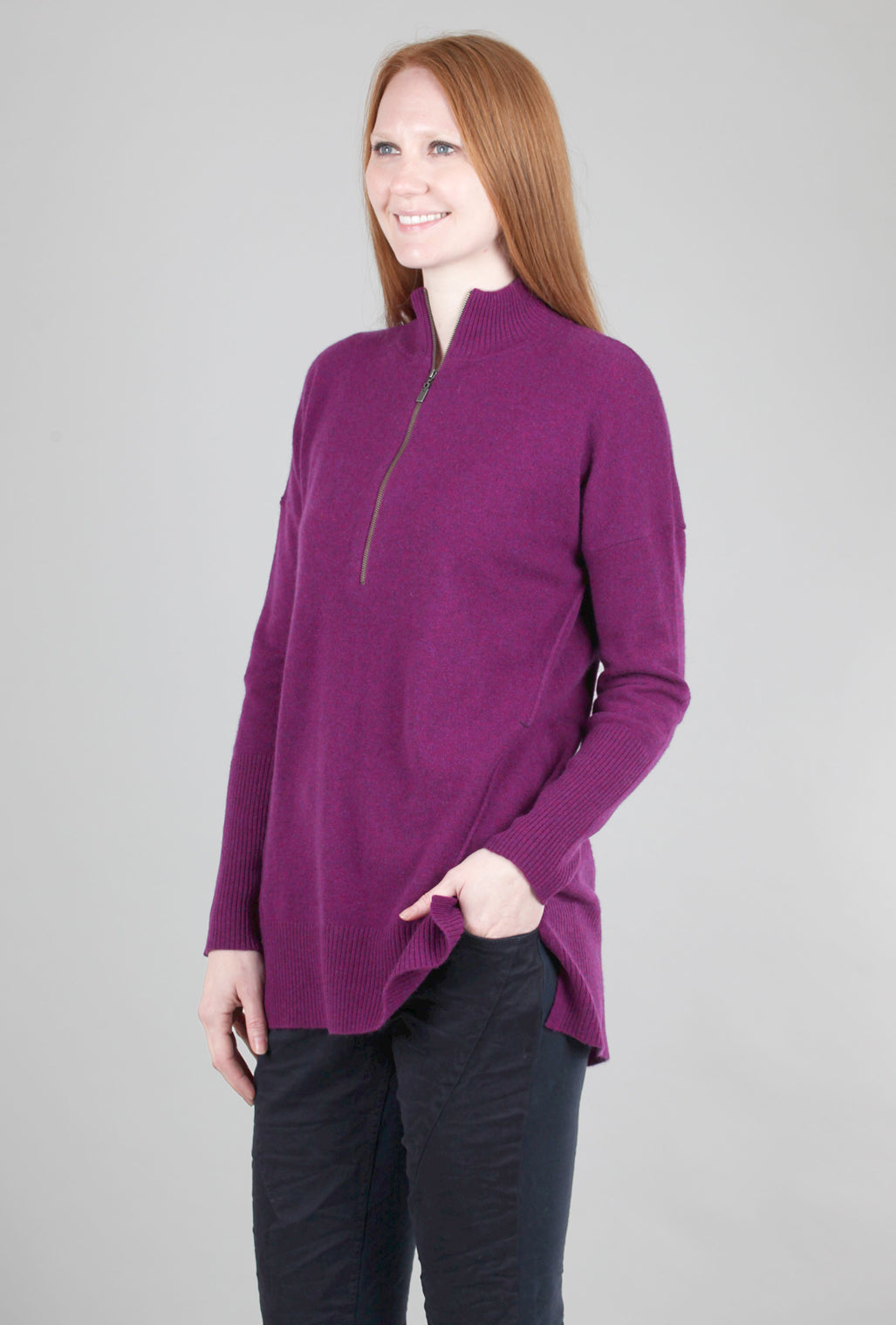 Kinross Cashmere Cashmere Zip Mock Tunic, Black Cherry 