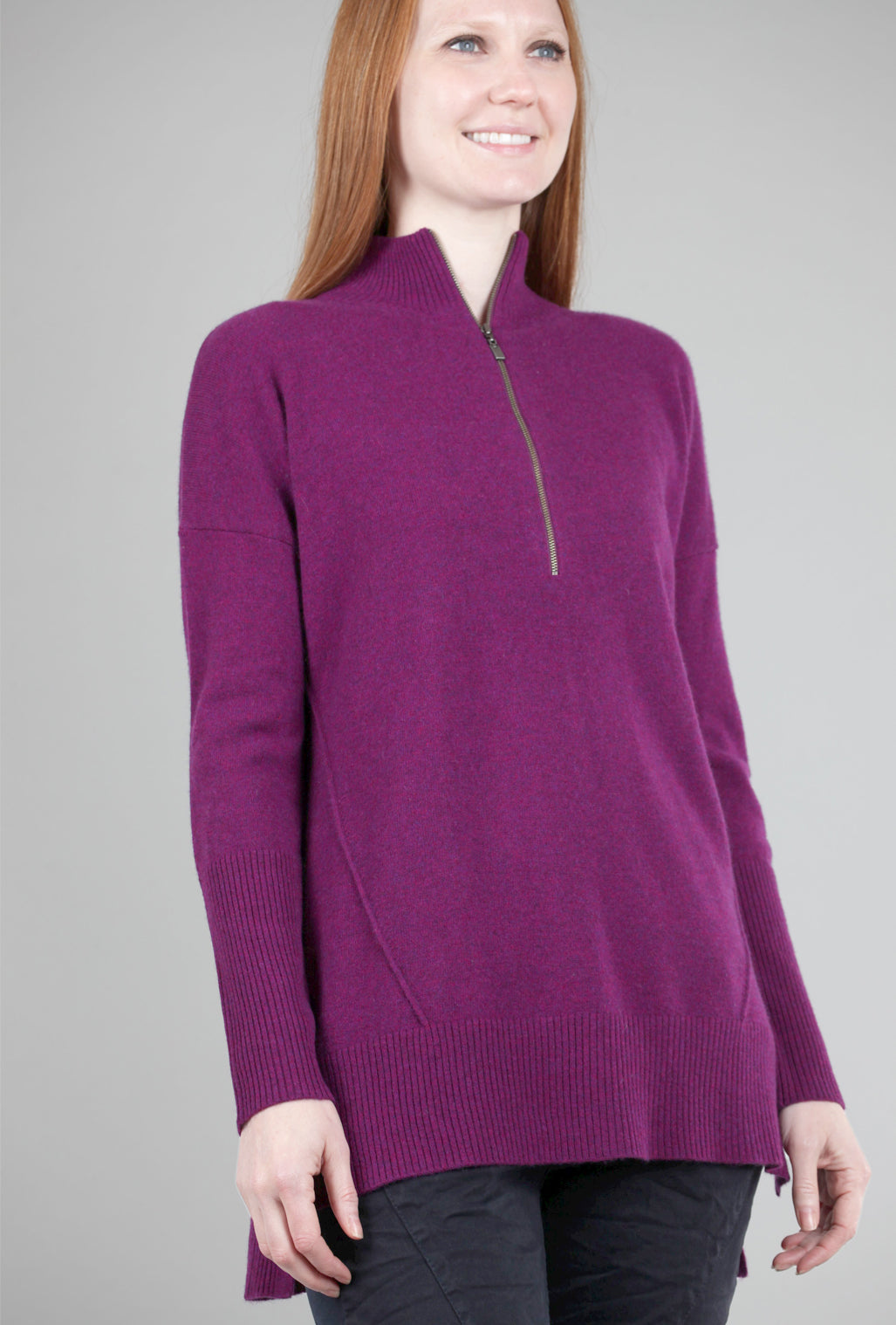 Kinross Cashmere Cashmere Zip Mock Tunic, Black Cherry 