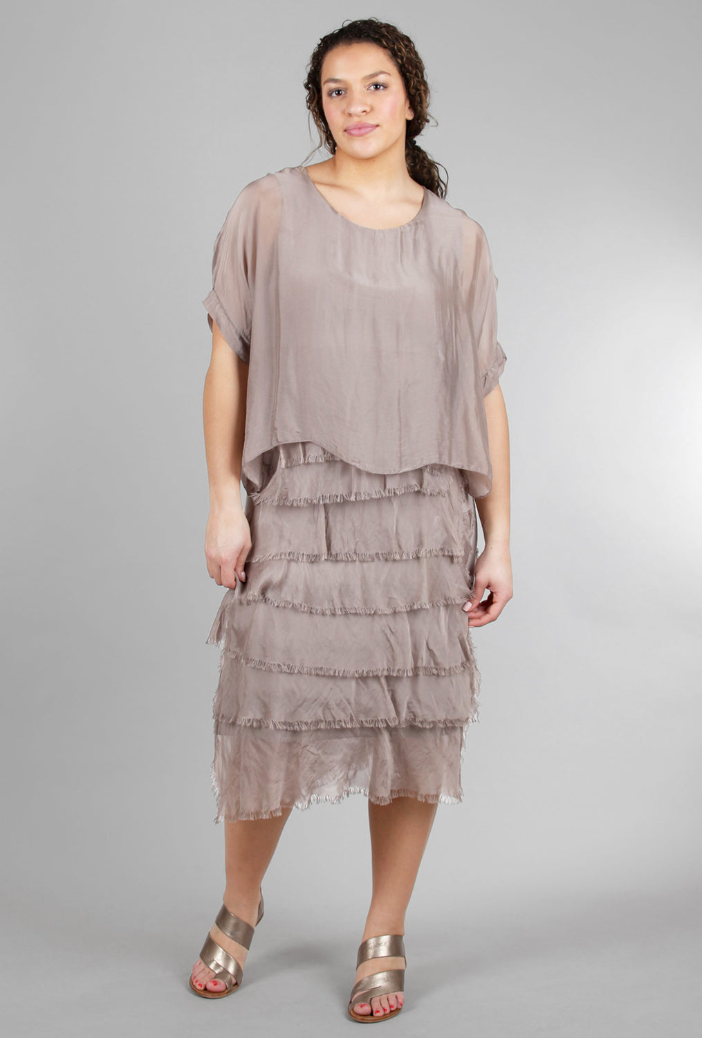 Look Mode Sleeved Tattered-Tiers Dress, Taupe 