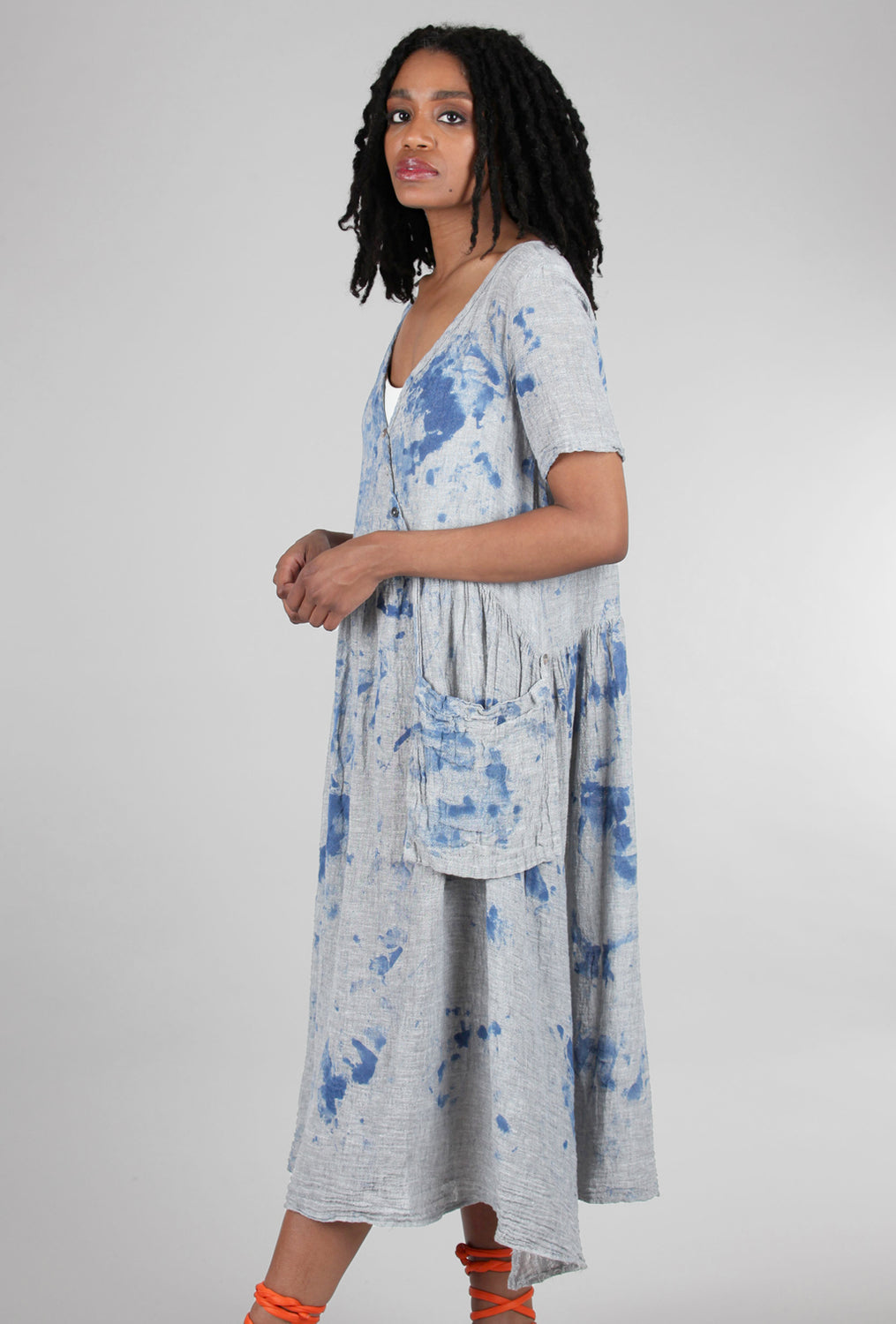 Luukaa Drop-Waist Linen Dress, Gray/Blue 