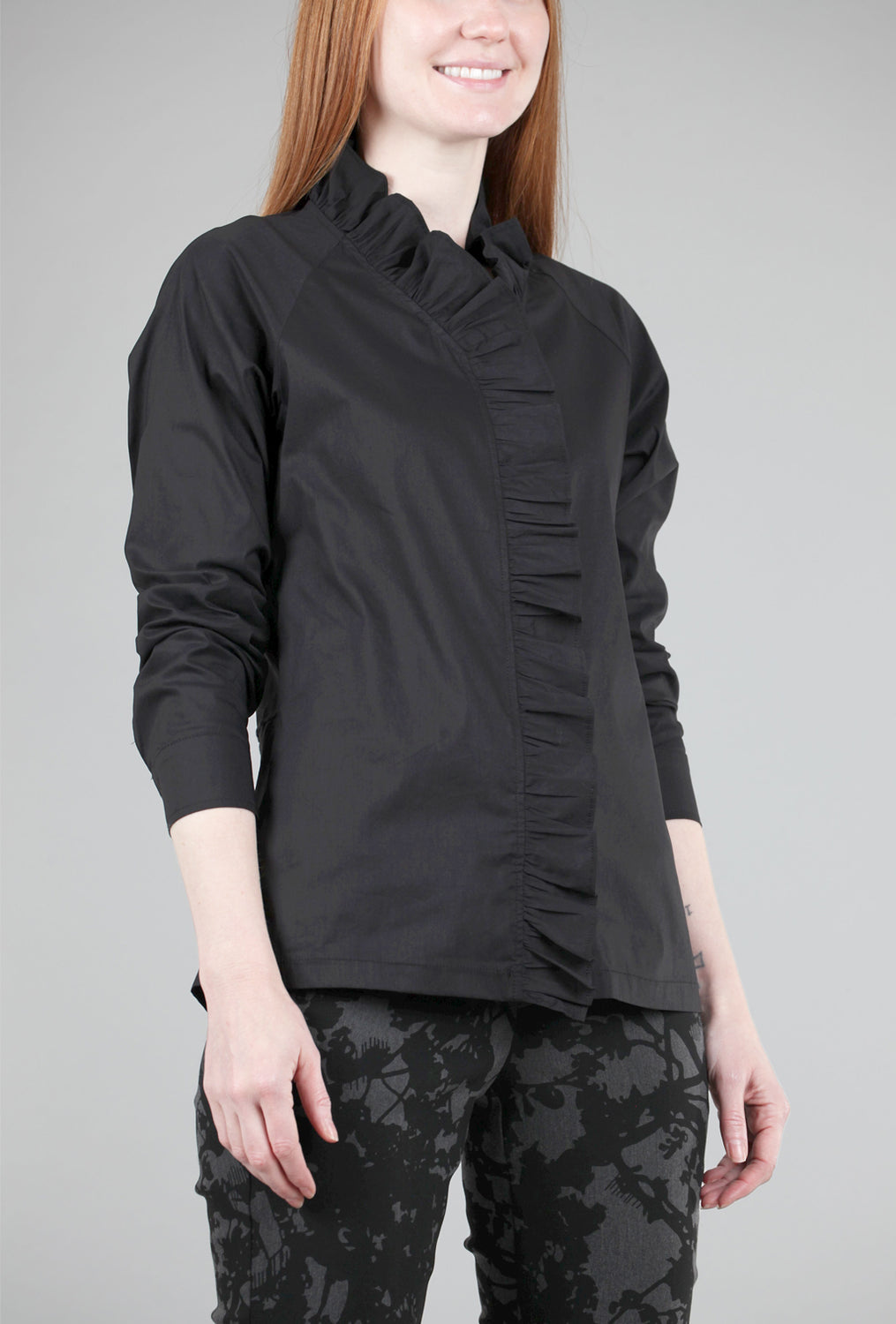 THYNC Ruffle-Placket Shirt, Black 