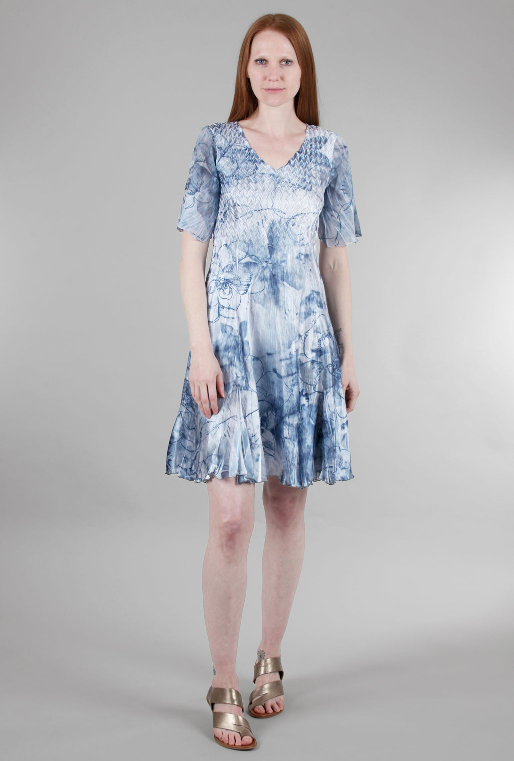 Komarov Short Flounce-Sleeve Sketch Dress, Indigo 