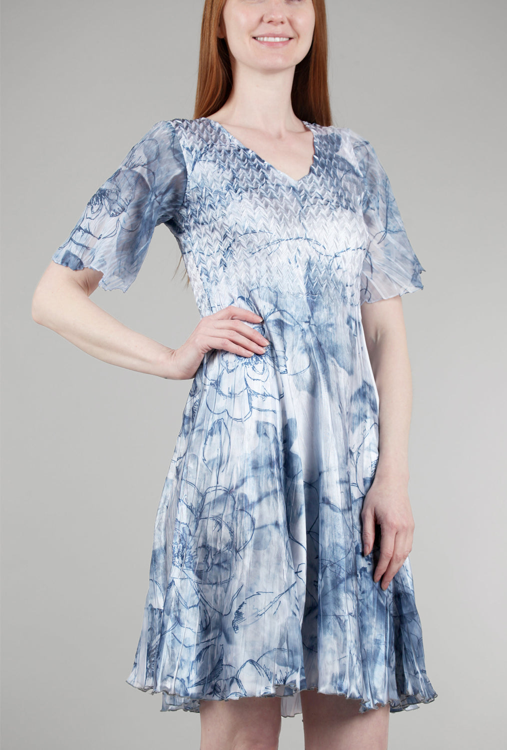 Komarov Short Flounce-Sleeve Sketch Dress, Indigo 