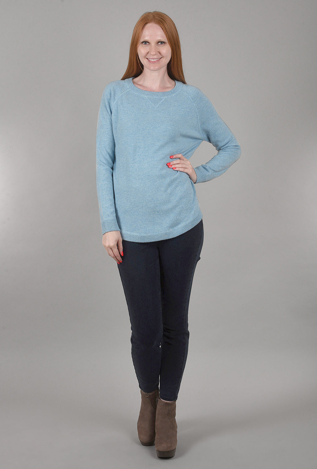 Kinross Cashmere Round-Hem Cashmere Sweatshirt, Waterfall Blue 