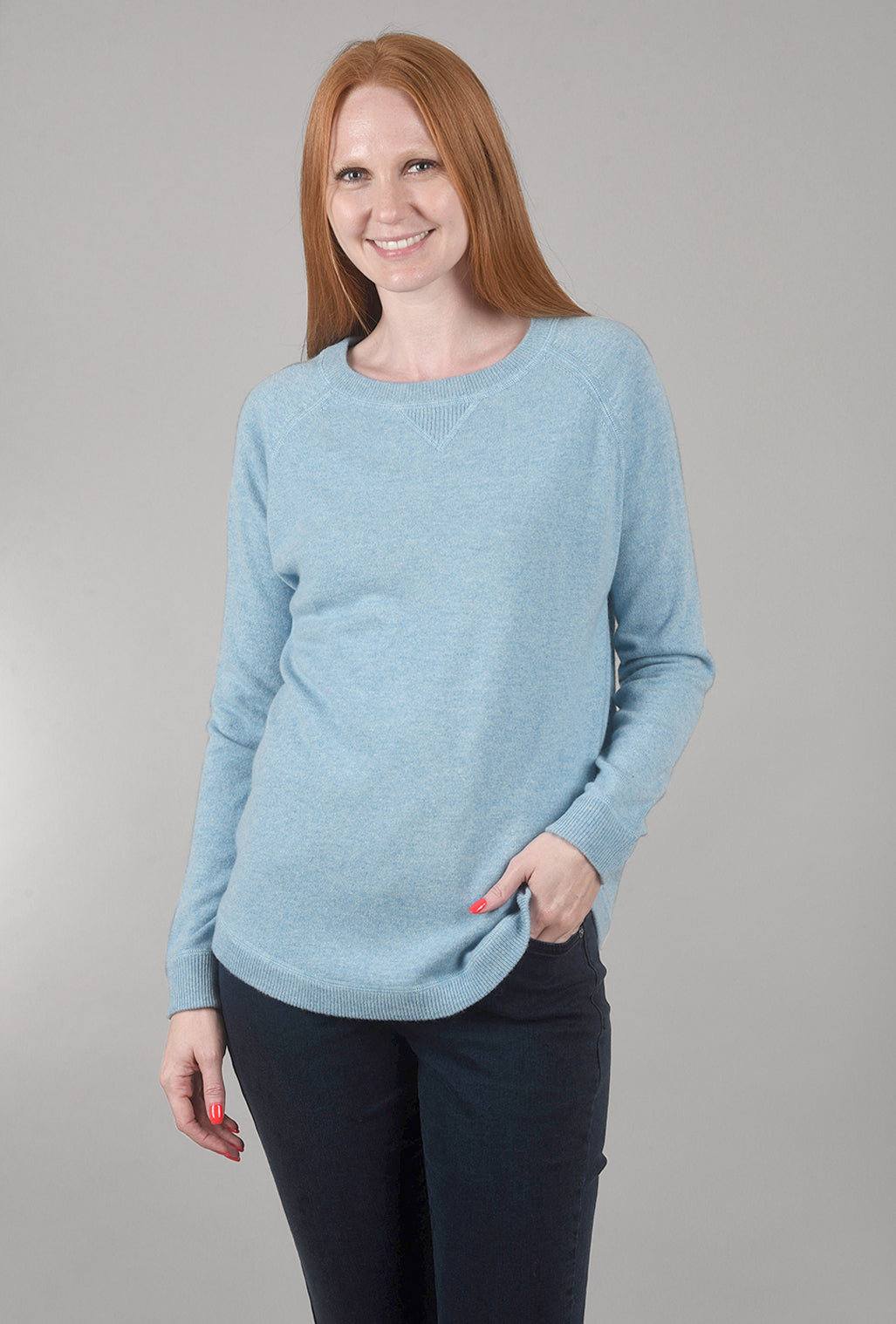 Kinross Cashmere Round-Hem Cashmere Sweatshirt, Waterfall Blue 