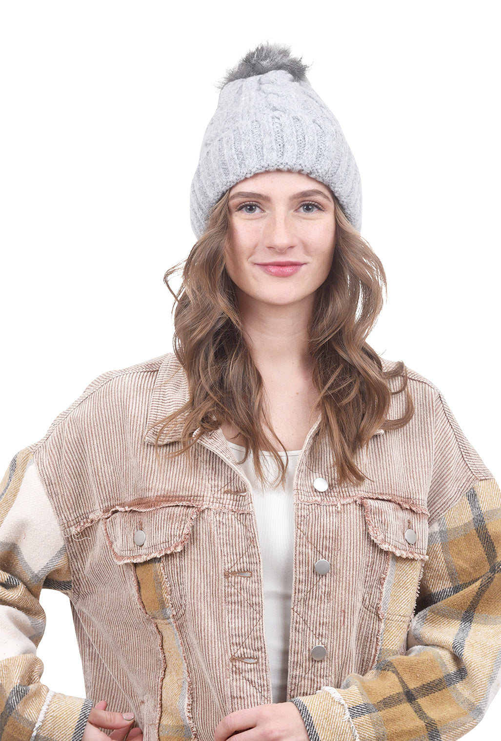 Joy Susan Cable Pompom Hat, Gray One Size Gray