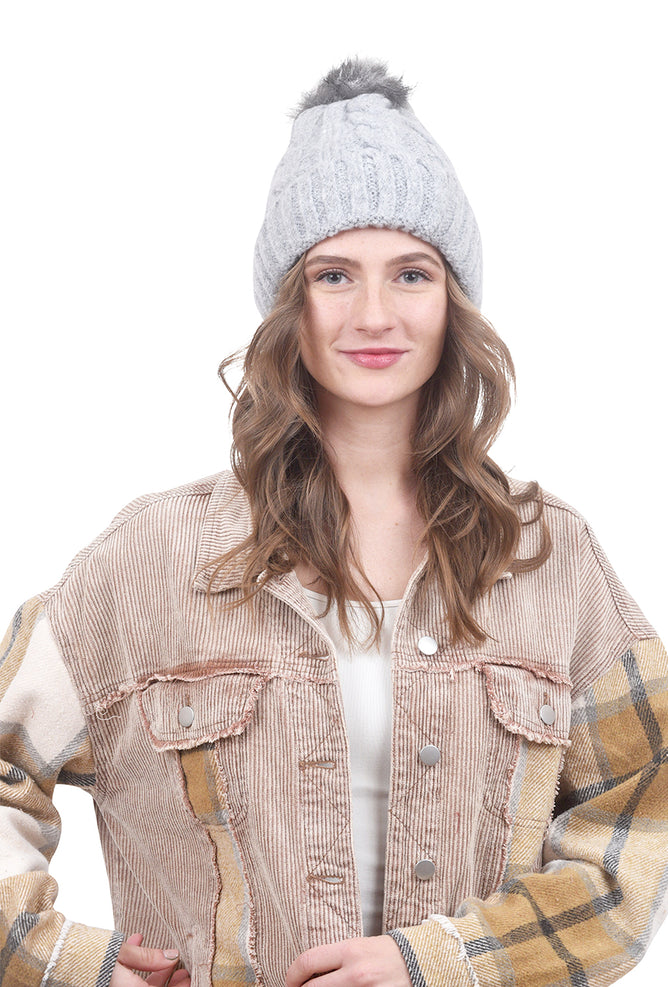 Joy Susan Cable Pompom Hat, Gray 