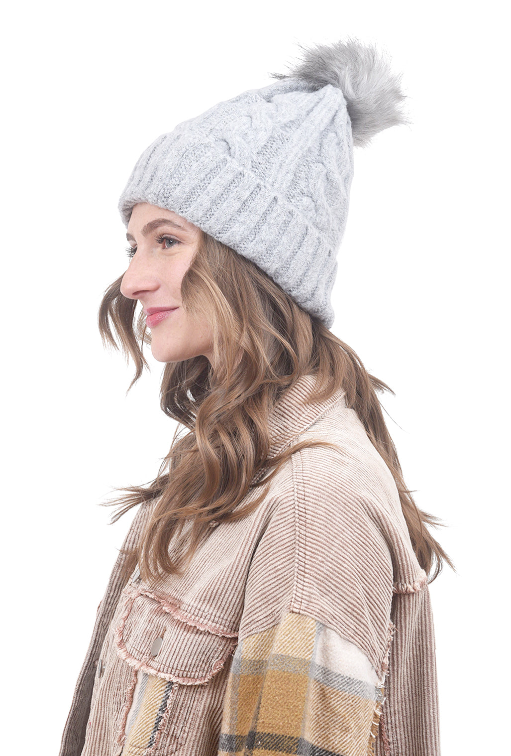 Joy Susan Cable Pompom Hat, Gray One Size Gray