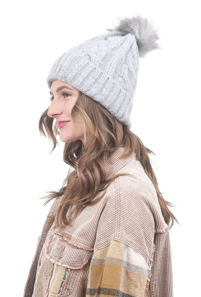 Joy Susan Cable Pompom Hat, Gray 