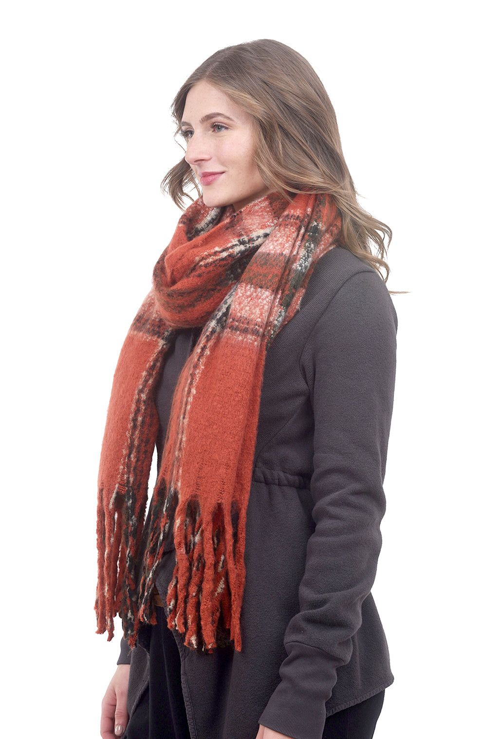 Joy Susan Fringe Plaid Scarf, Spice One Size Spice