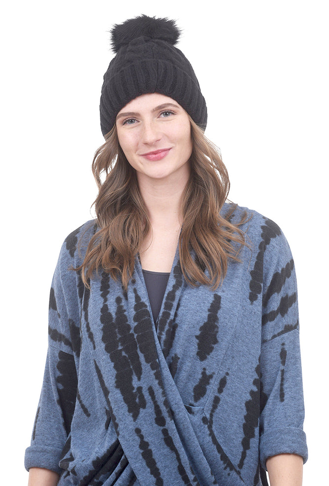 Joy Susan Cable Pompom Hat, Black One Size Black