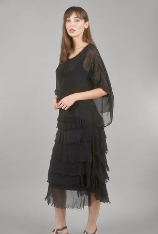Look Mode Sleeved Tattered-Tiers Dress, Black 